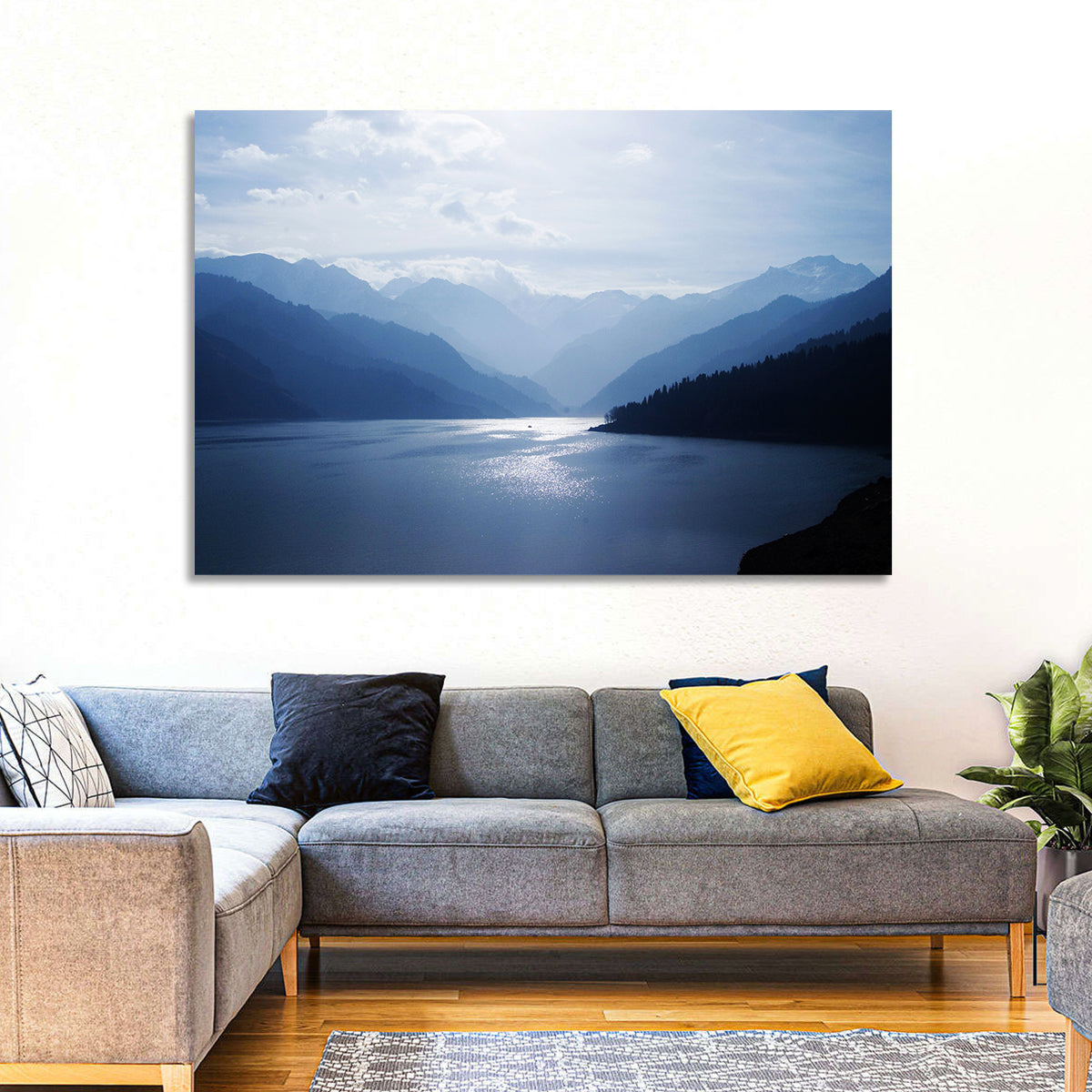 Xinjiang Lakeshore Serenity Wall Art in a room, landscape