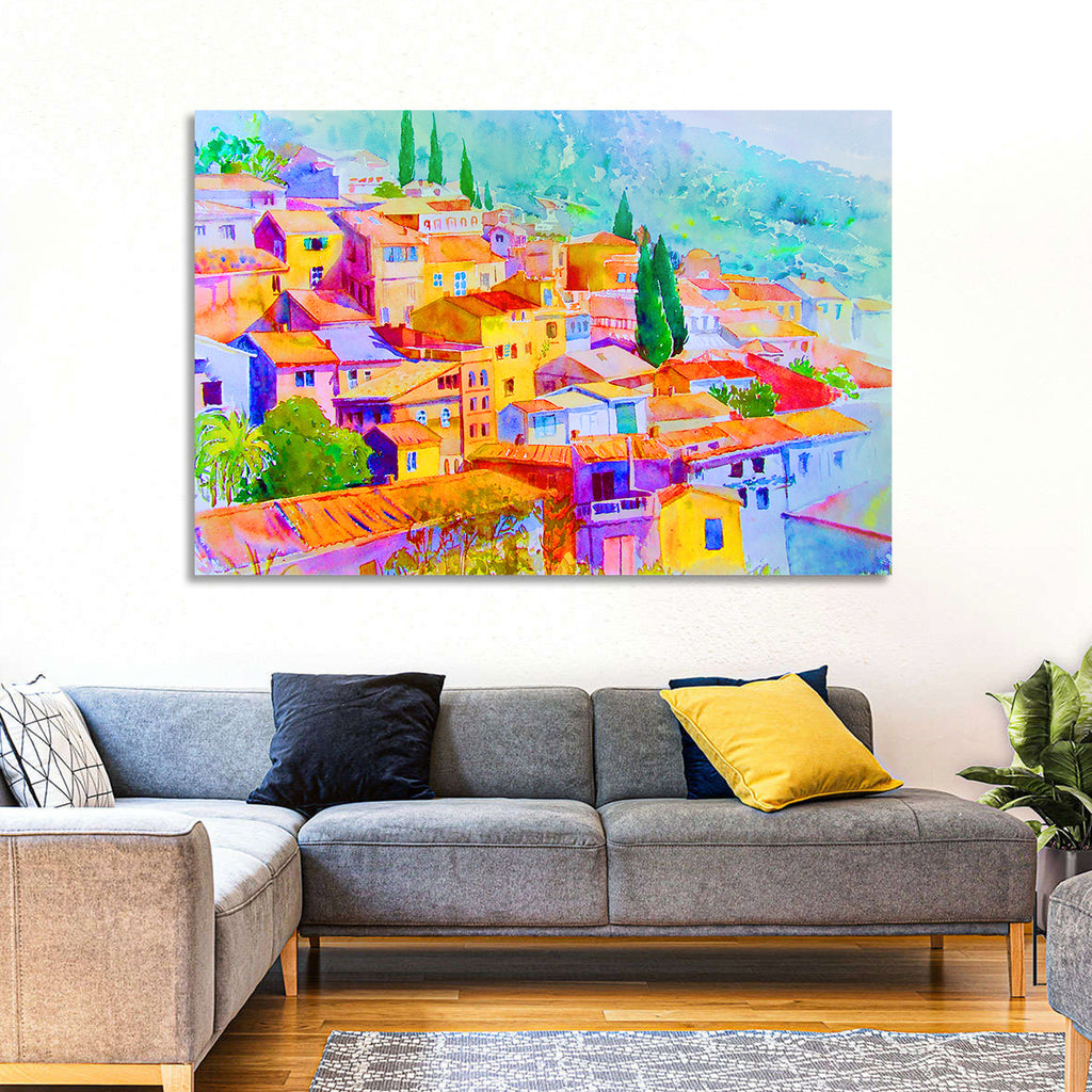Mediterranean Hillside Watercolor Village Wall Art