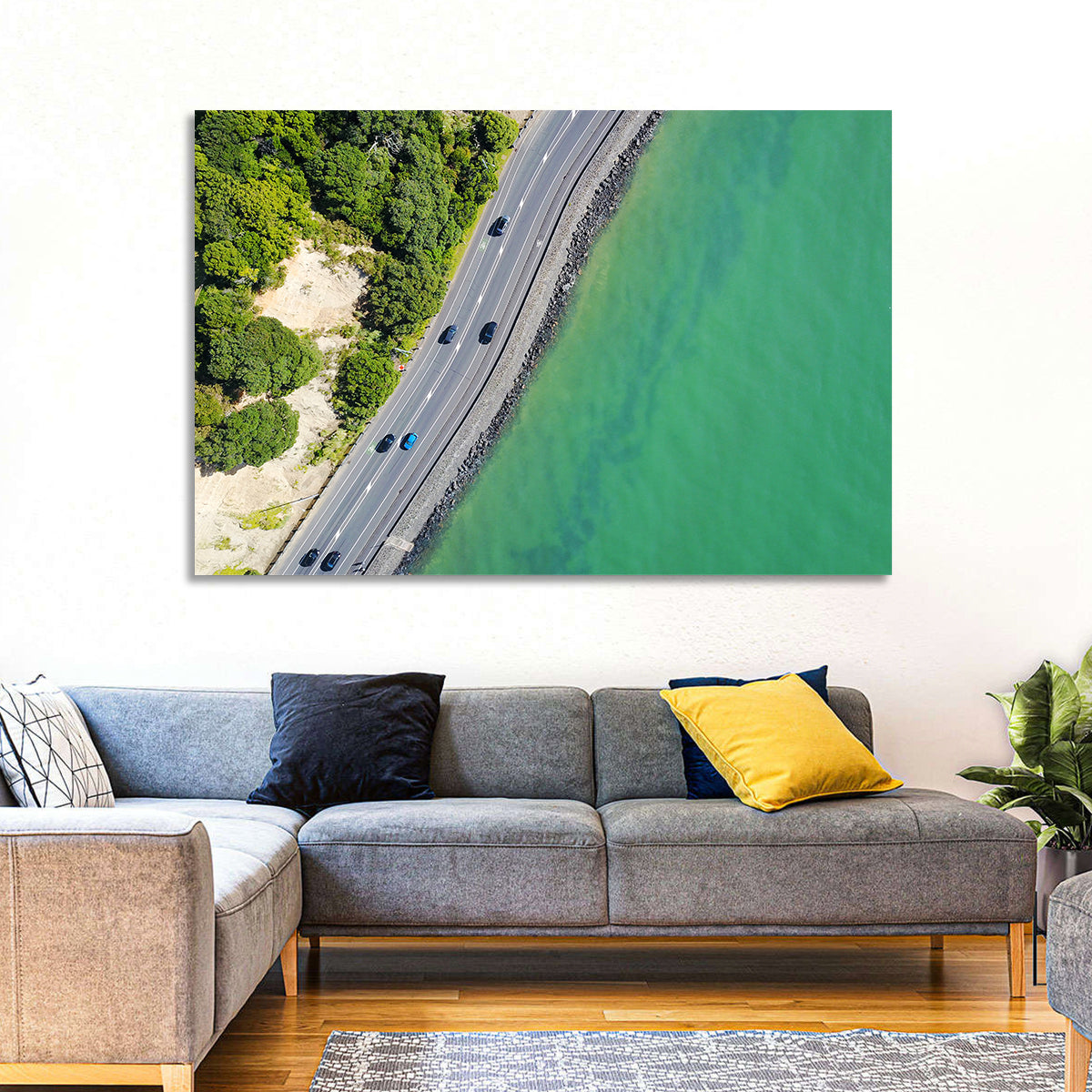 Auckland Coastal Highway Aerial View Wall Art in a room, landscape
