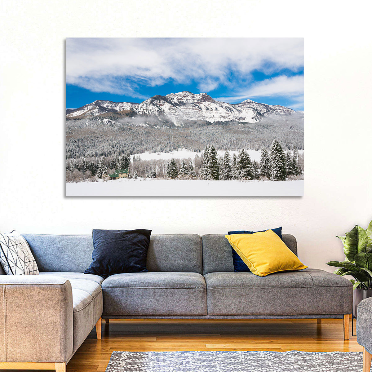 Colorado Snowy Mountain Cabin Wall Art in a room, landscape