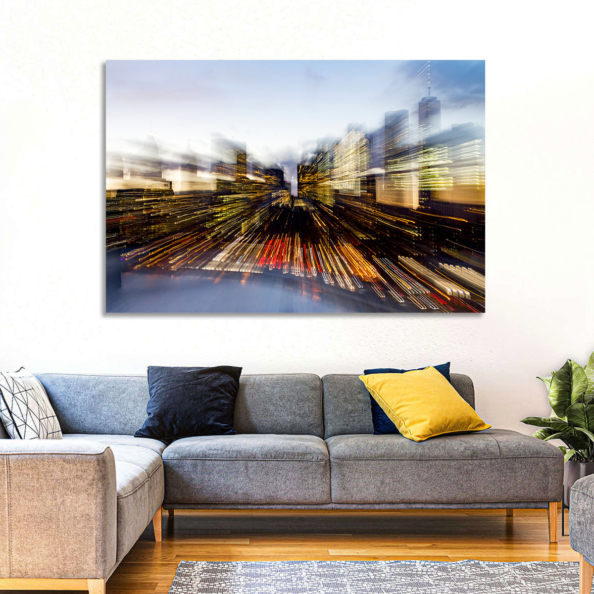 Zoom Burst Skyline Abstract Wall Art in a room, landscape