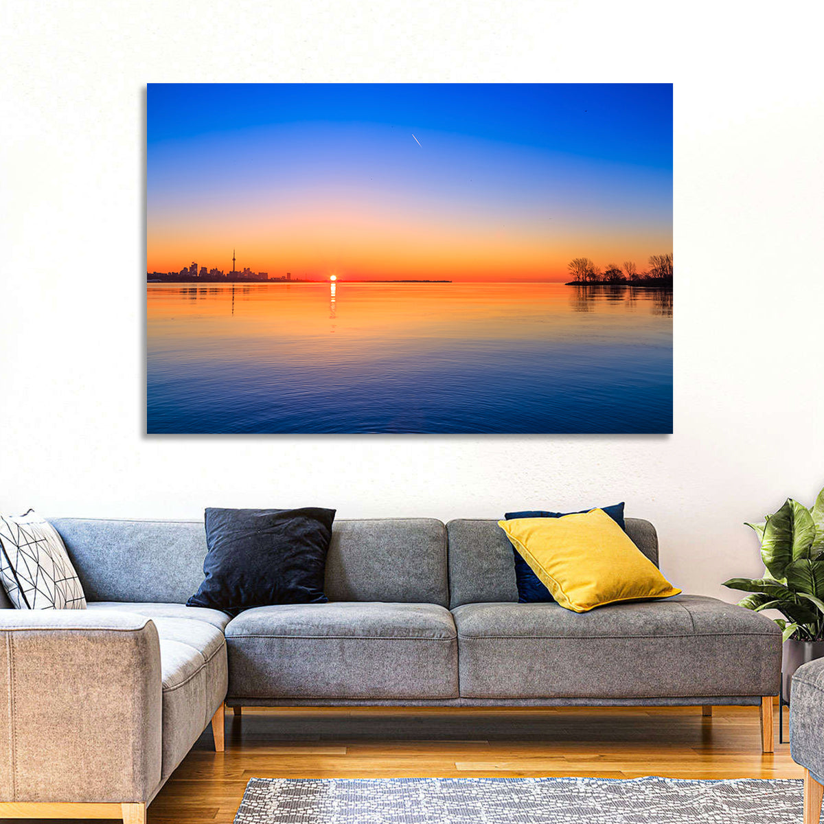 Toronto Sunset Over Lake Ontario Wall Art in a room, landscape