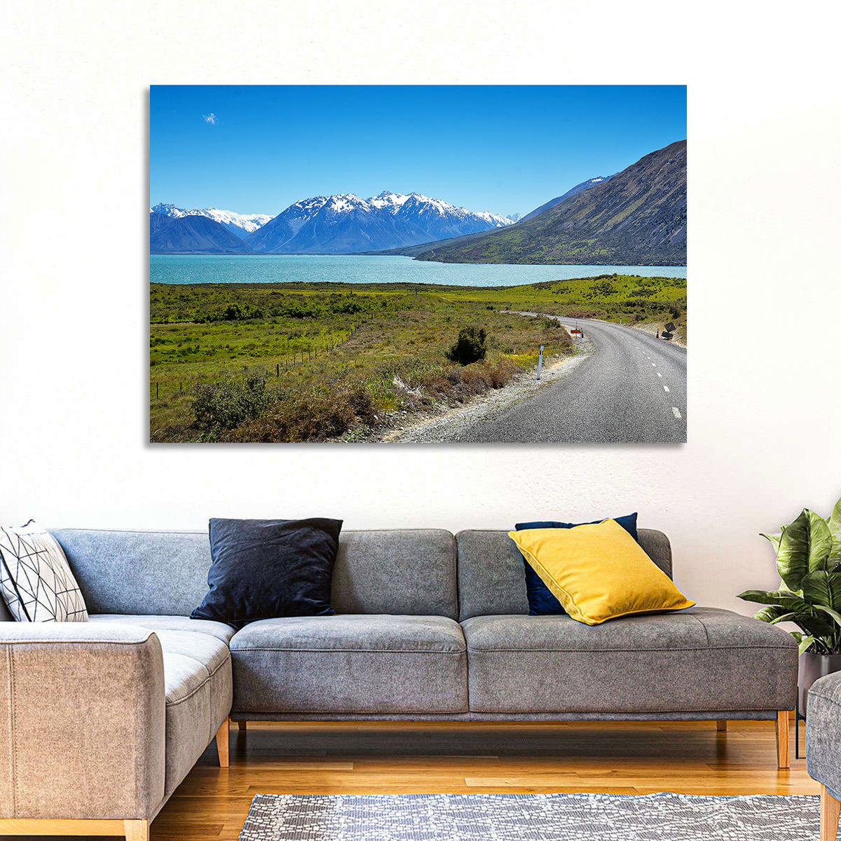 Winding Road at Lake Ohau Wall Art in a room, landscape