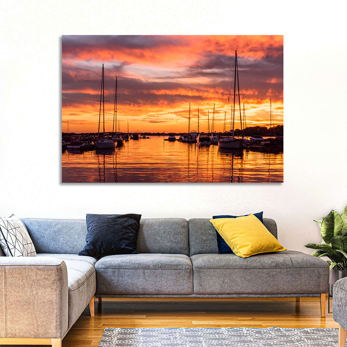 Lake Norman Harbor Sunset Wall Art in a room, landscape