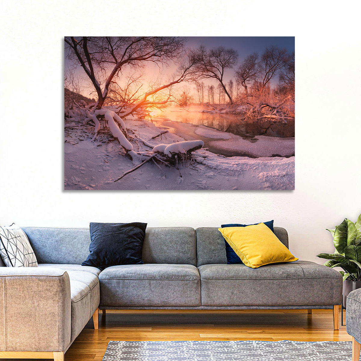 Sunset Over Snowy Forest Lake Wall Art in a room, landscape