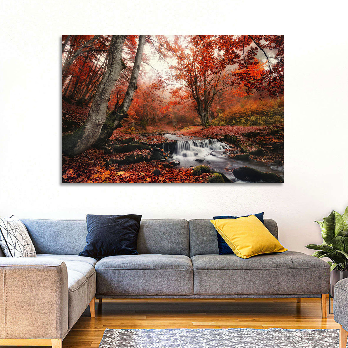Autumn Forest Stream with Footbridge Wall Art in a room, landscape