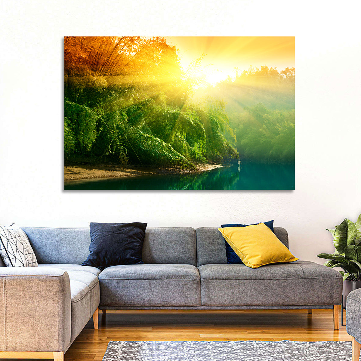 Golden Bamboo Riverbank Wall Art in a room, landscape