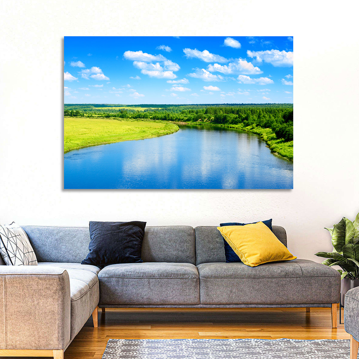 Blue River Meadow Wall Art in a room, landscape