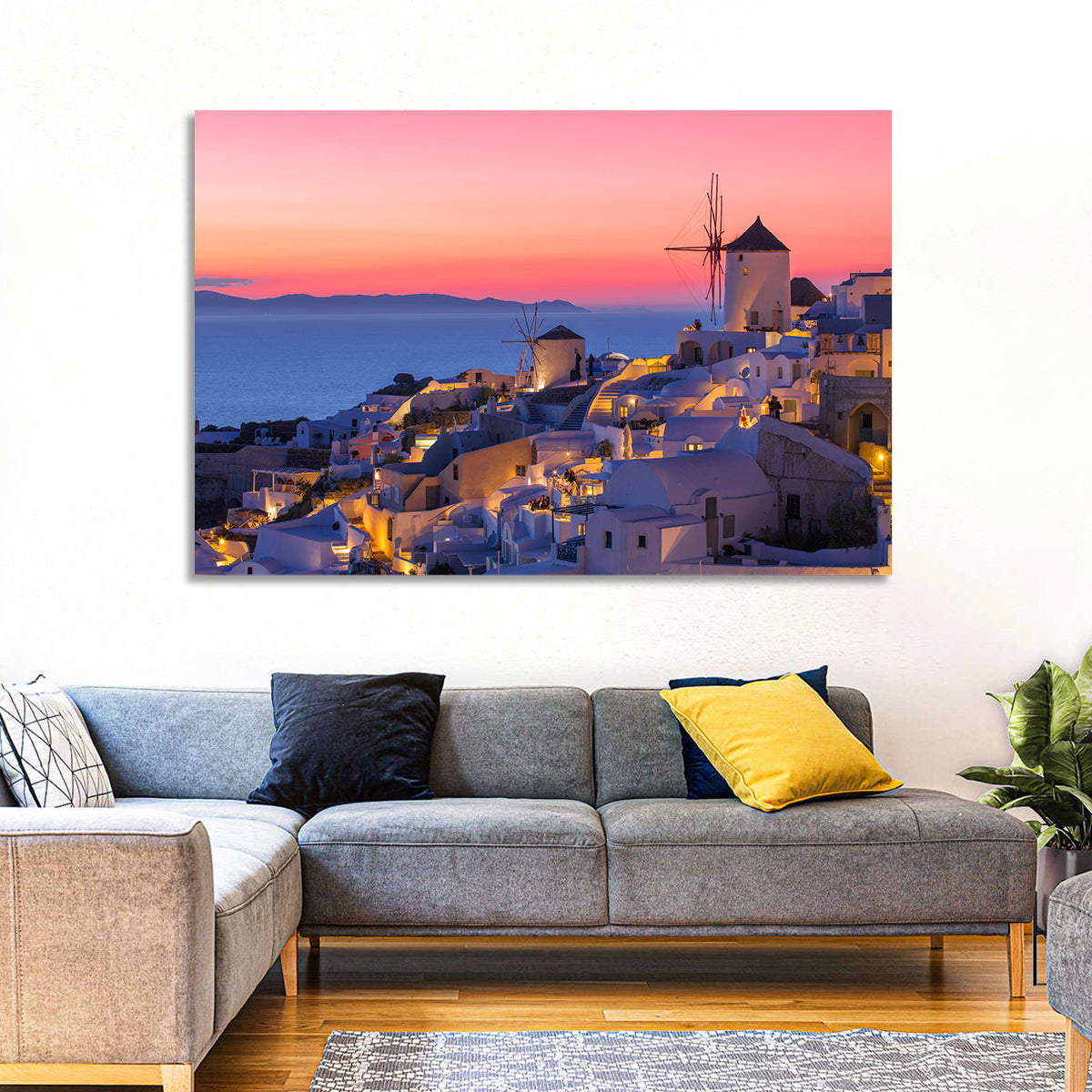 Oia Windmills at Dusk Wall Art in a room, landscape