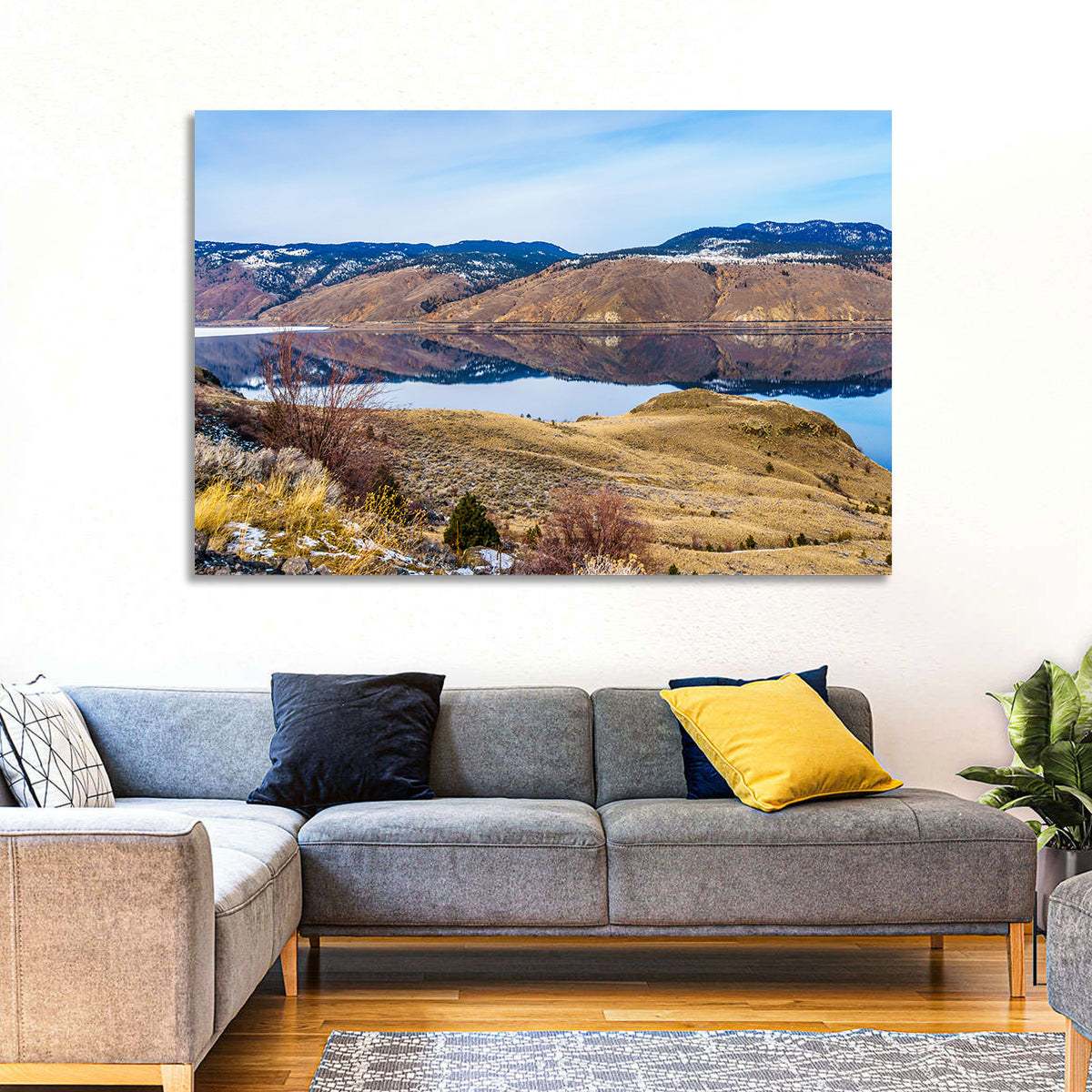 Kamloops Lake Mountain Reflection Wall Art in a room, landscape