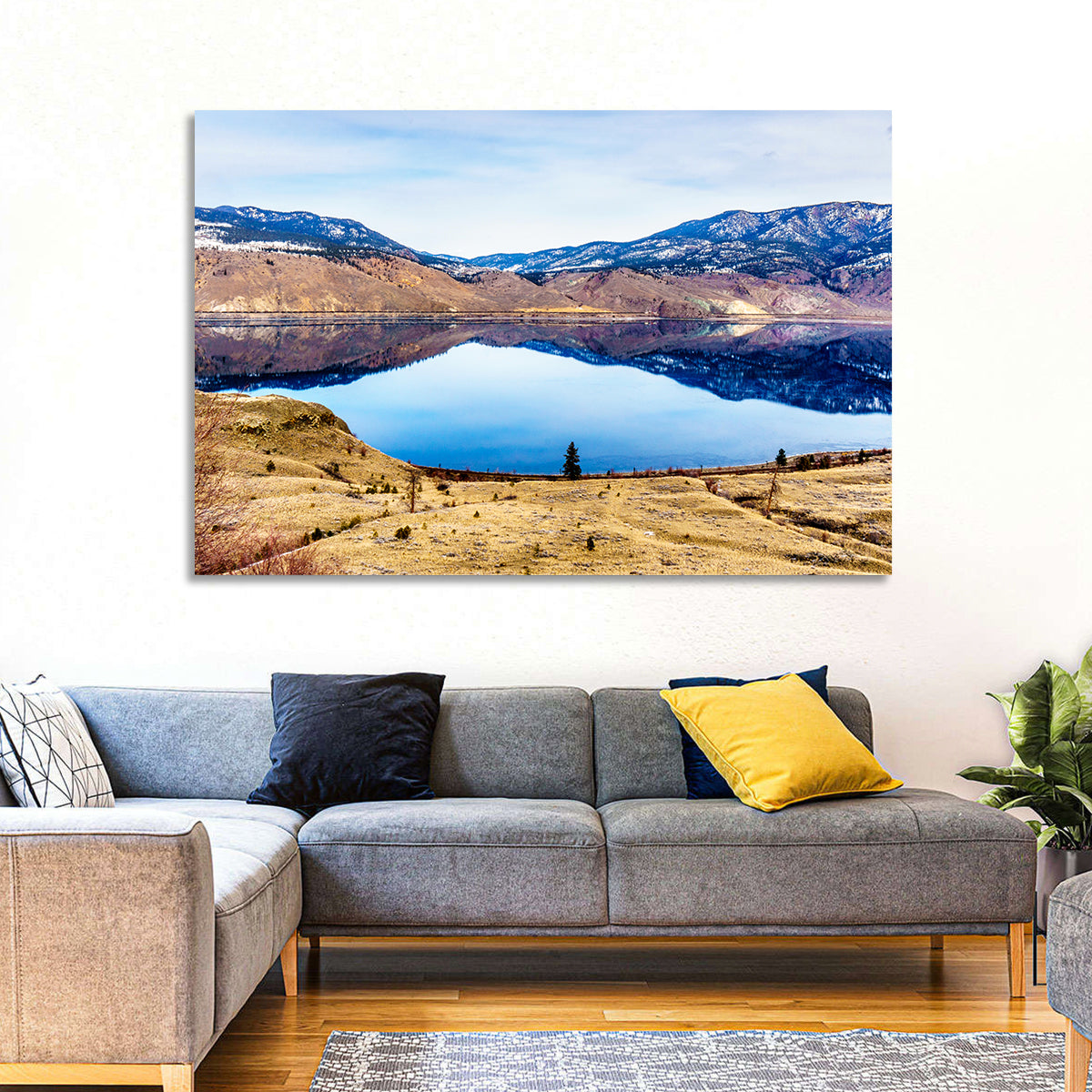 Kamloops Lake Sunset with Snow Capped Peaks Wall Art in a room, landscape