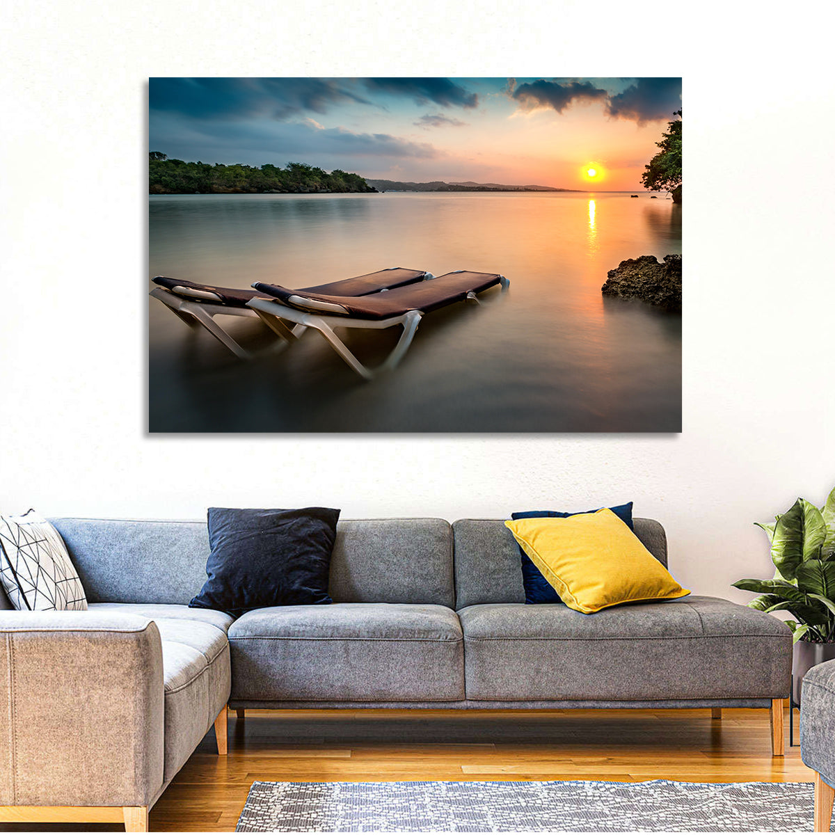 Sunset Over Coastal Lounge Chairs Wall Art in a room, landscape