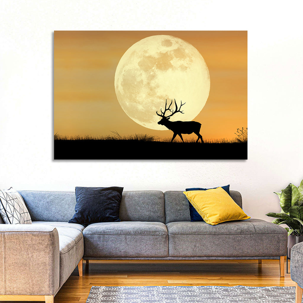 Bull Elk Silhouette Under Supermoon Wall Art
