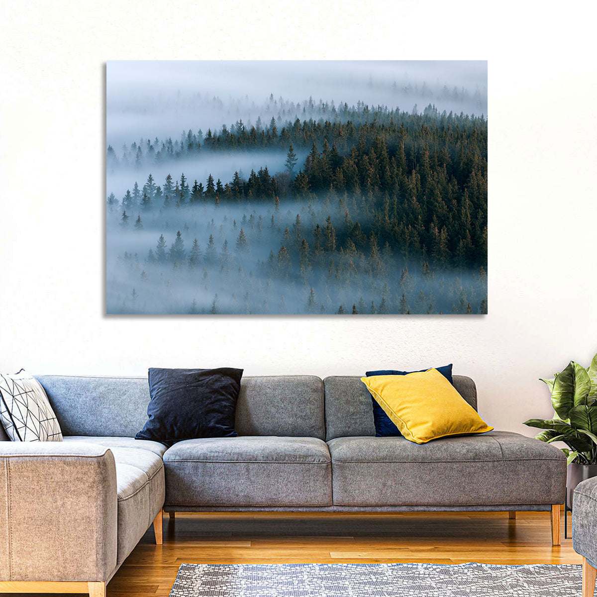 Morning Mist Over Pine Valley Wall Art in a room, landscape
