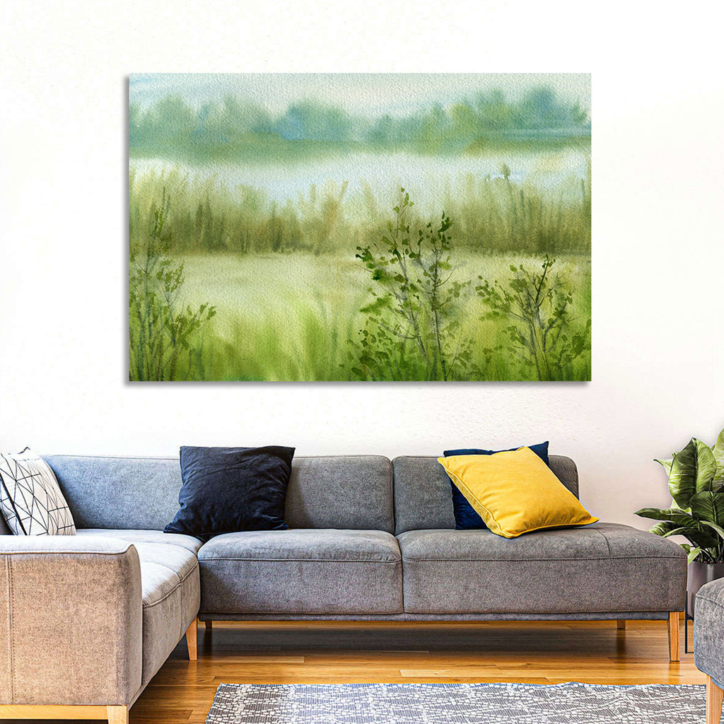 Misty River Meadow Watercolor Wall Art