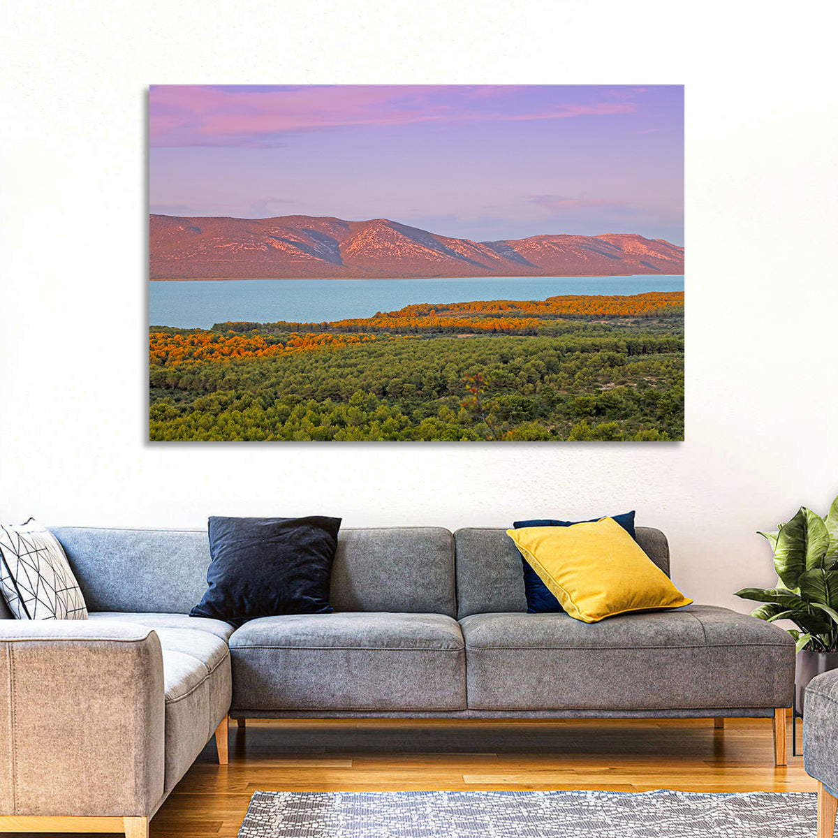 Lake Vrana Golden Hour Wall Art in a room, landscape