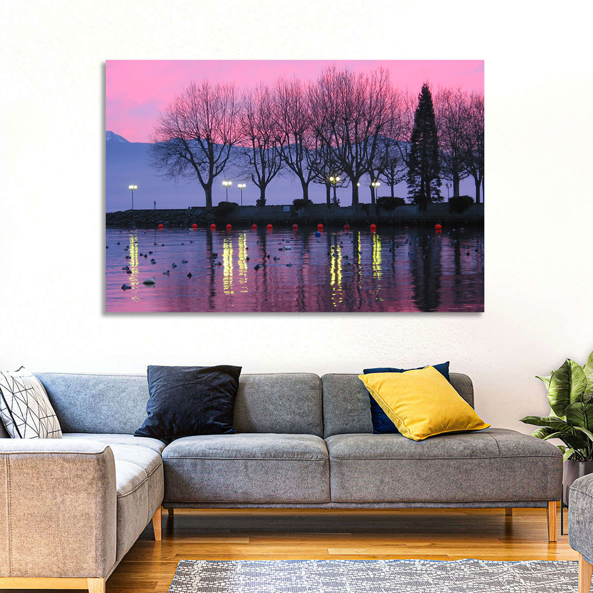 Lake Geneva Twilight Wall Art in a room, landscape