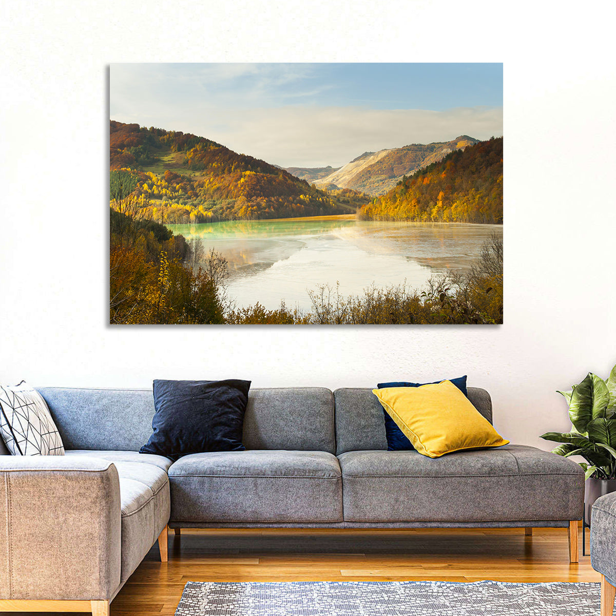 Bright Green Tailings Lake Wall Art in a room, landscape