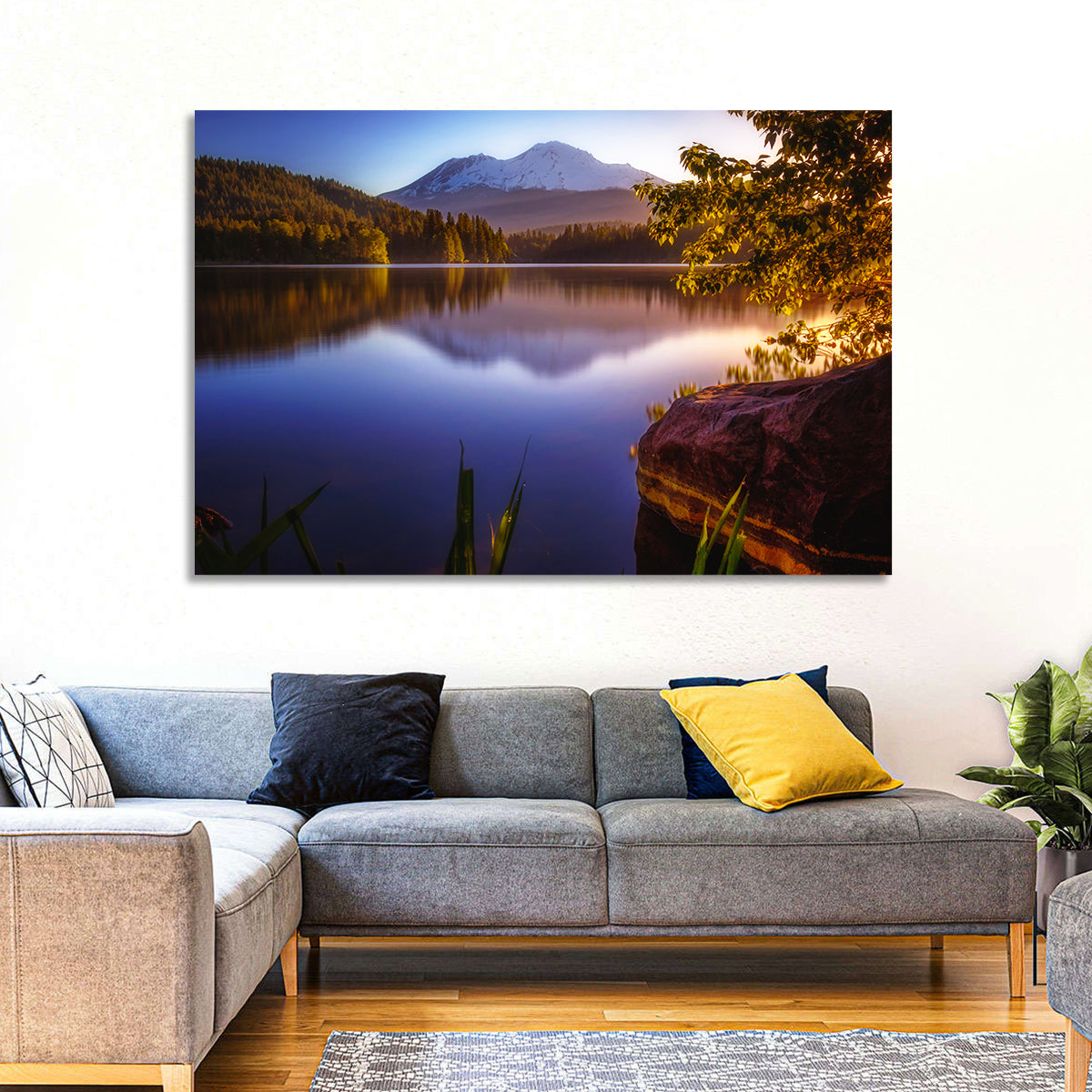 Mt Shasta Reflection at Lake Siskiyou Wall Art in a room, landscape