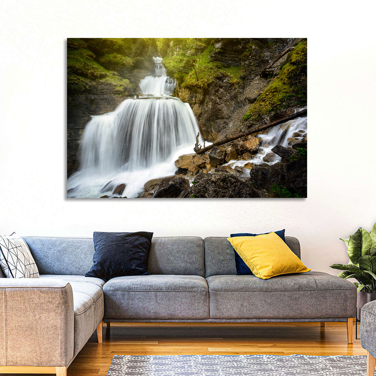 White Cascade Over Mossy Rocks Wall Art in a room, landscape