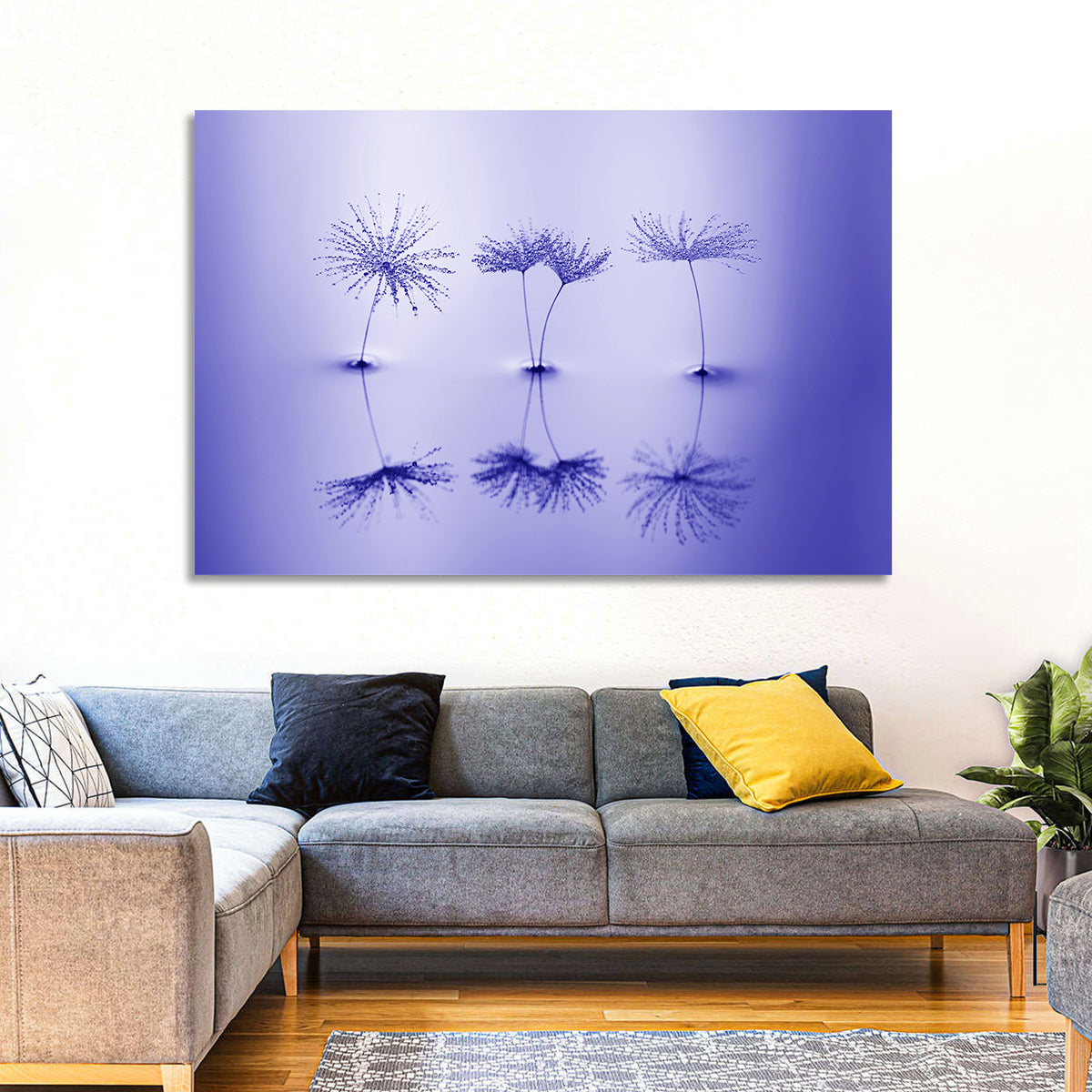 Blue Dandelion Seeds with Reflections Wall Art in a room, landscape