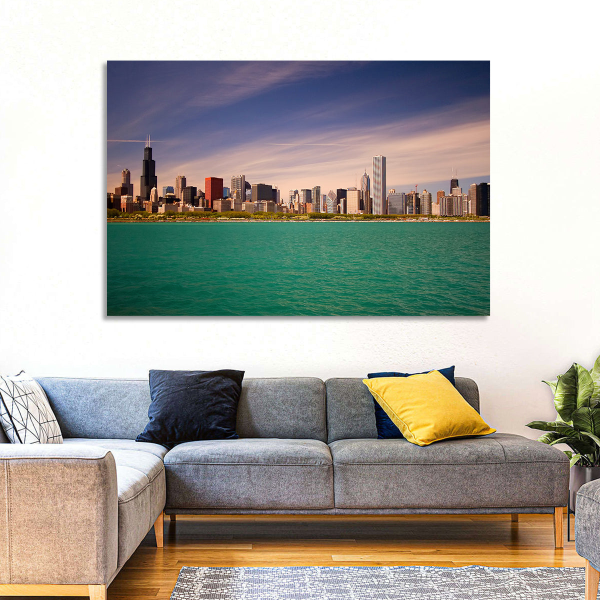 Chicago Skyline Above Lake Michigan Wall Art in a room, landscape