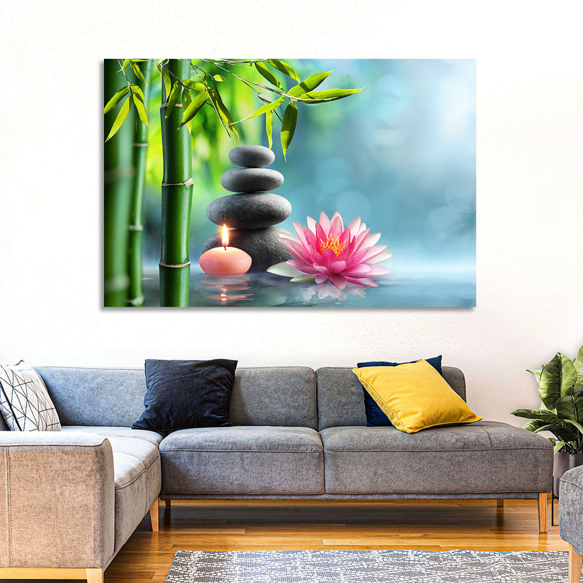 Zen Massage Stones with Waterlily Wall Art in a room, landscape