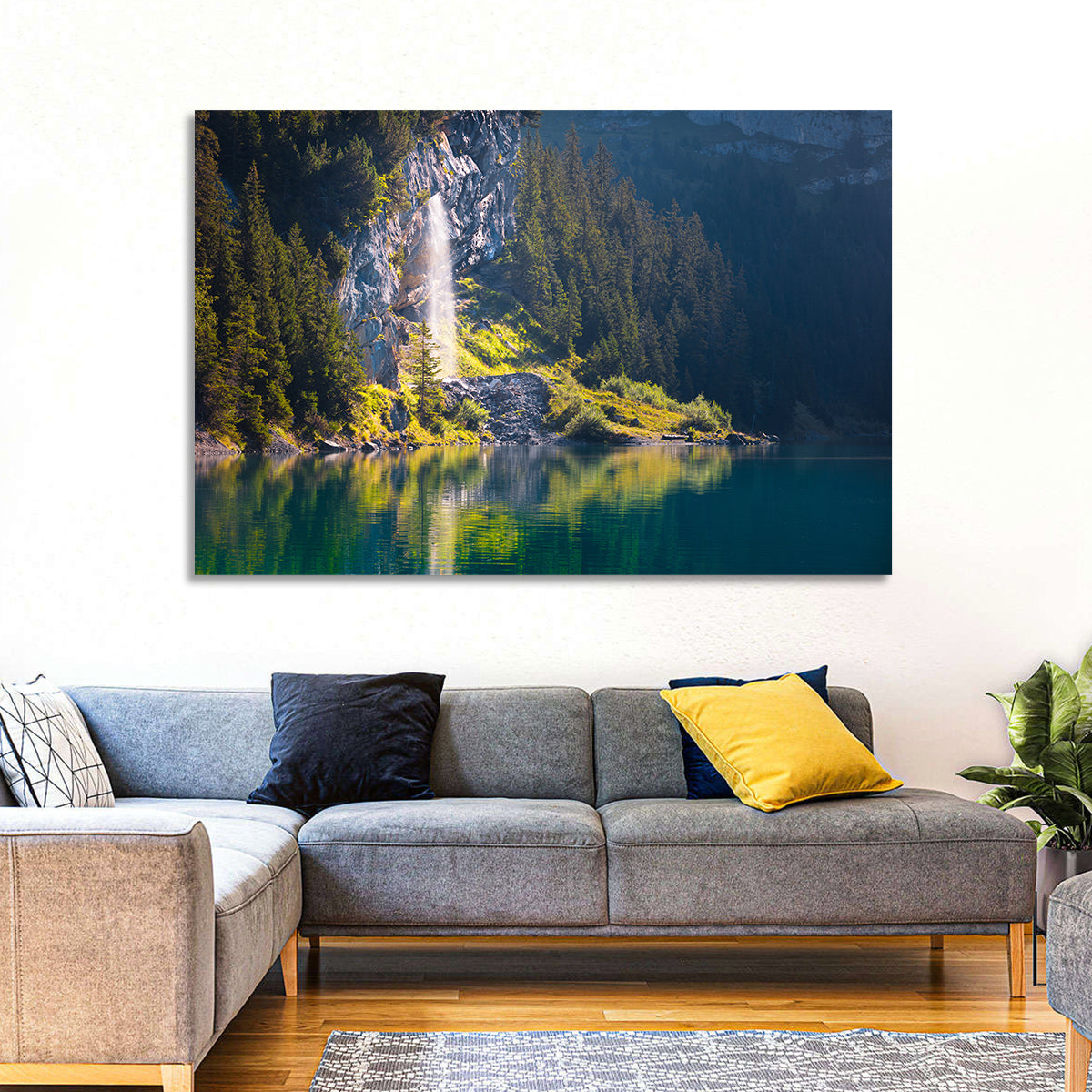 Lake Oeschinen Waterfall Reflection Wall Art in a room, landscape