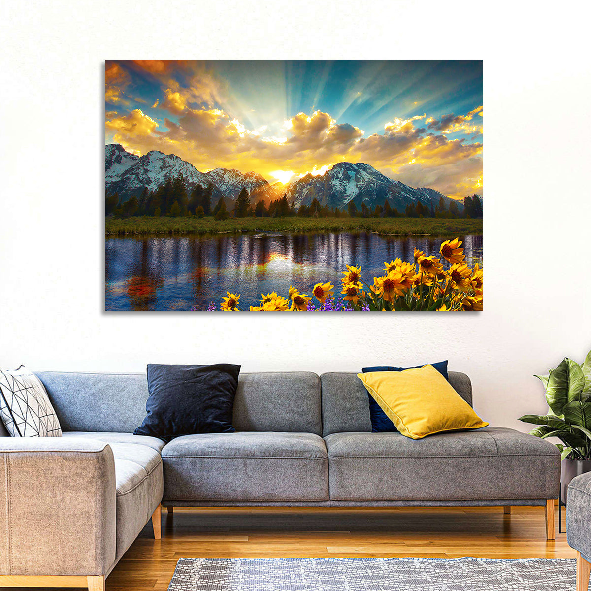 Grand Teton Sunrise Reflection Wall Art in a room, landscape