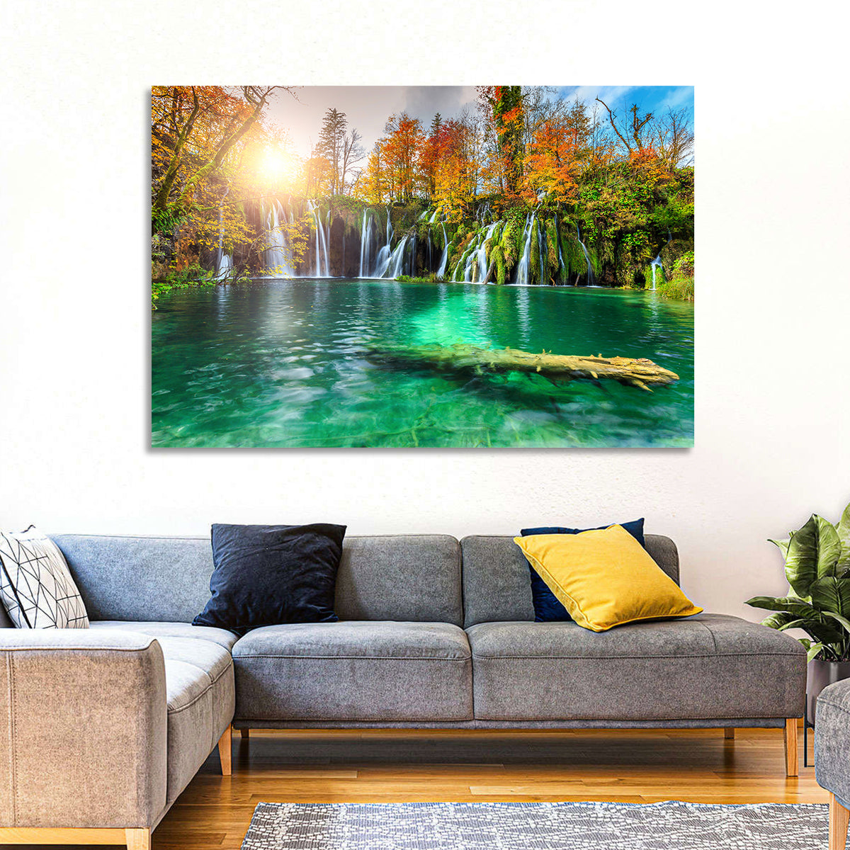 Autumn Waterfalls at Plitvice Lakes Wall Art in a room, landscape
