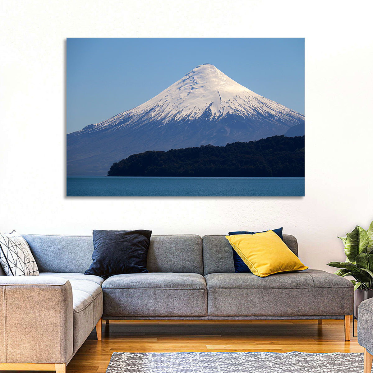 Snow-capped Osorno Volcano Over Lake Wall Art in a room, landscape