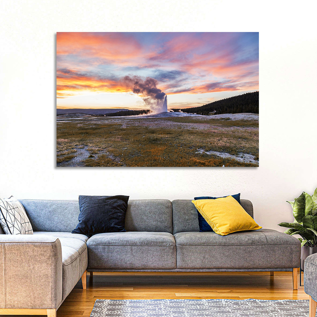 Old Faithful Erupting at Sunset Wall Art in a room, landscape