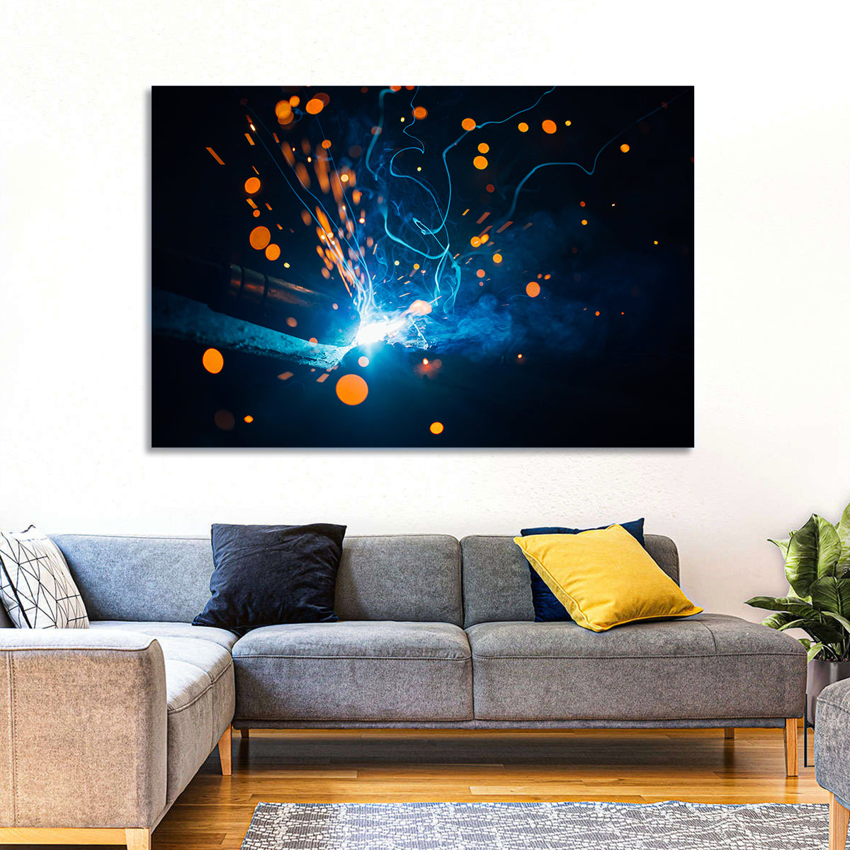 Bright Blue Welding Sparks Wall Art in a room, landscape