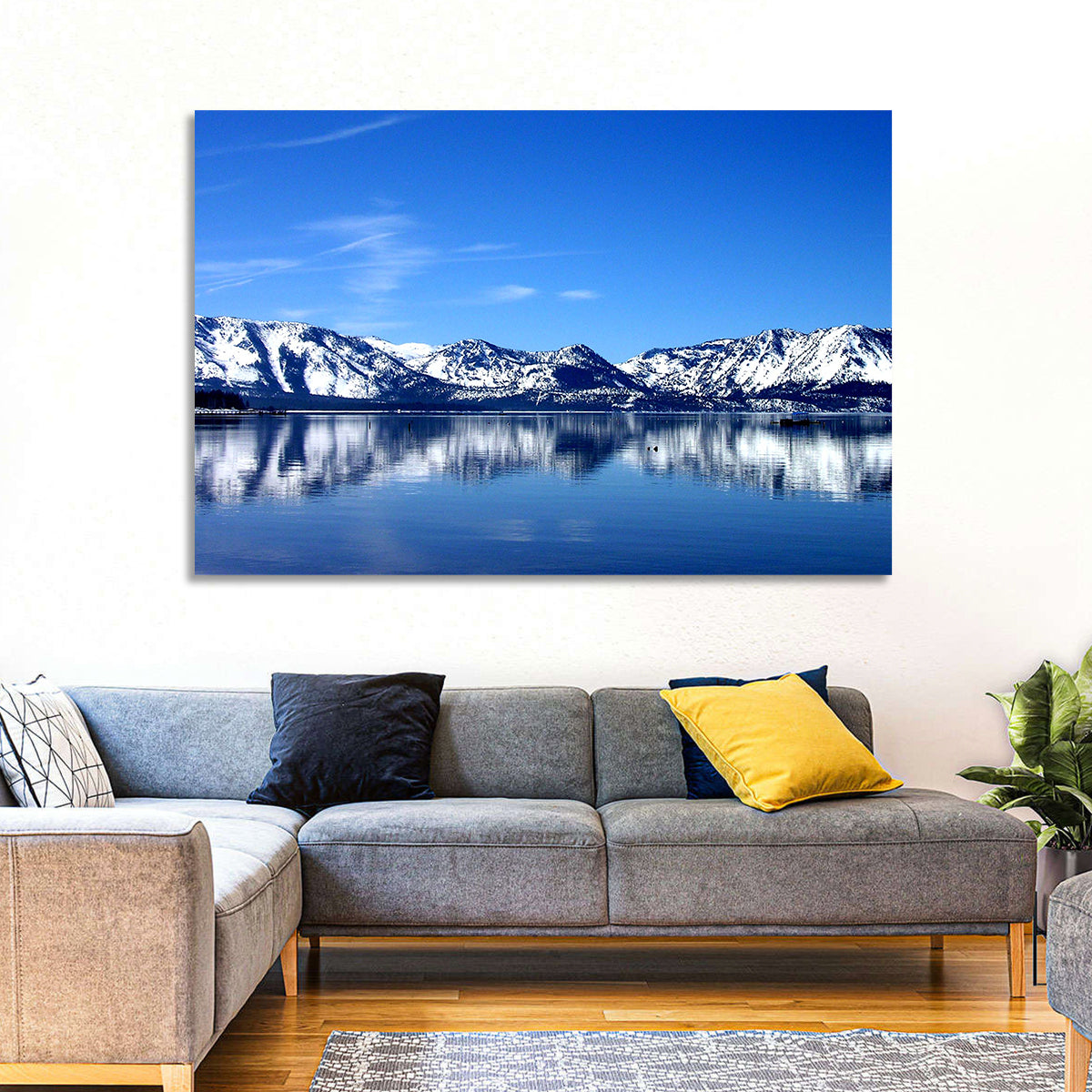 Lake Tahoe Mountain Reflection Wall Art in a room, landscape