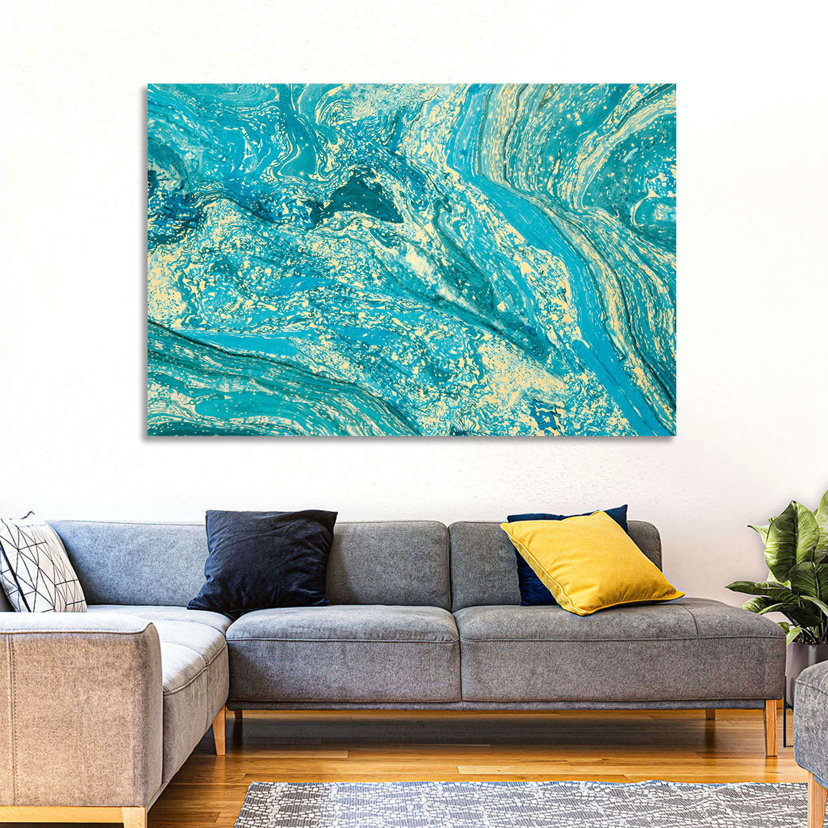 Teal Marble Swirls Abstract Wall Art in a room, landscape