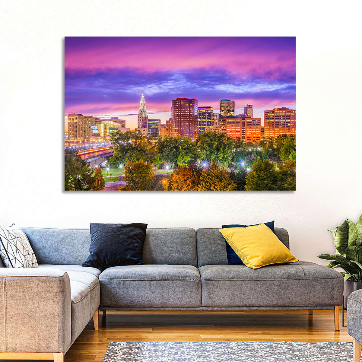Hartford Skyline at Dusk Wall Art in a room, landscape