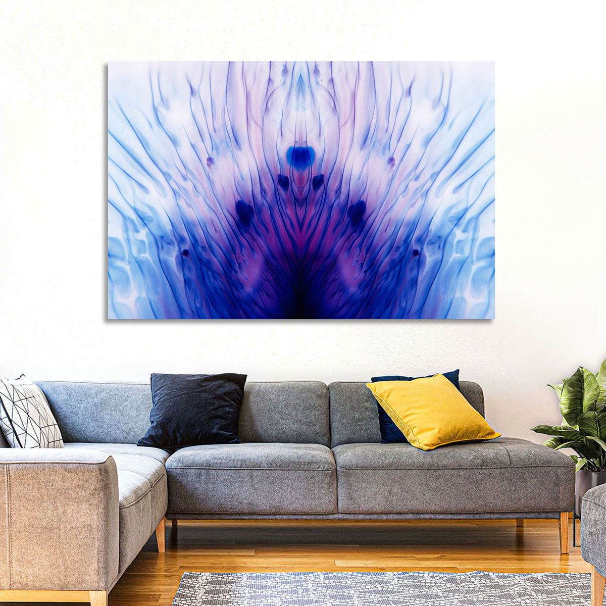 Mirrored Ink Splotch Abstract Wall Art in a room, landscape
