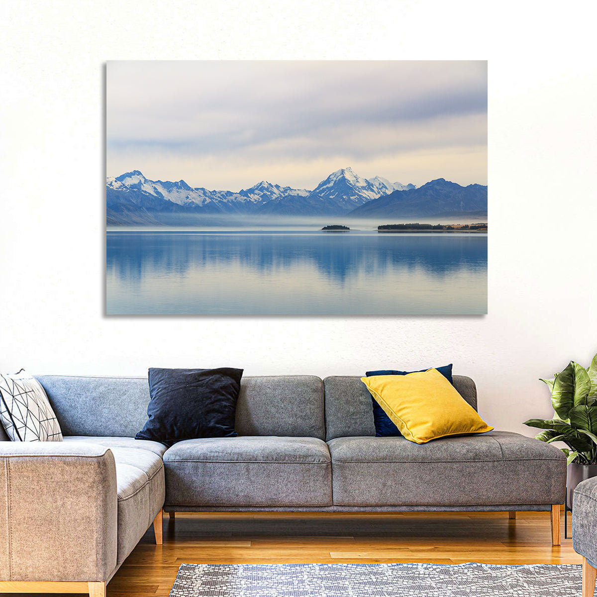 Mount Cook Reflection at Lake Pukaki Wall Art in a room, landscape
