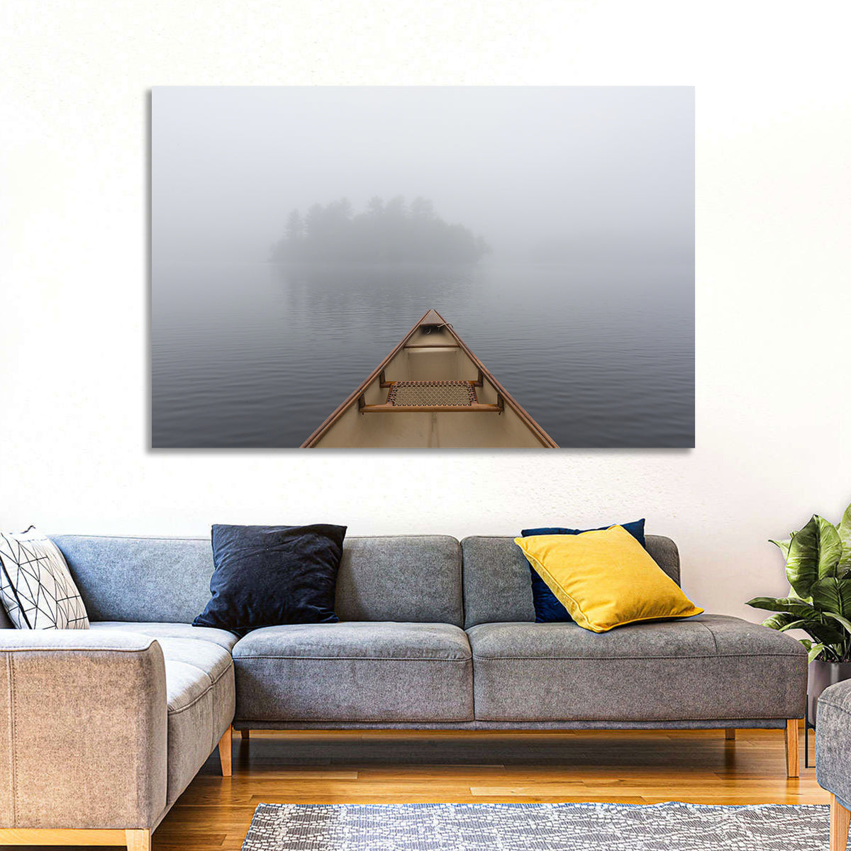 Canoe on Misty Ontario Lake Wall Art in a room, landscape