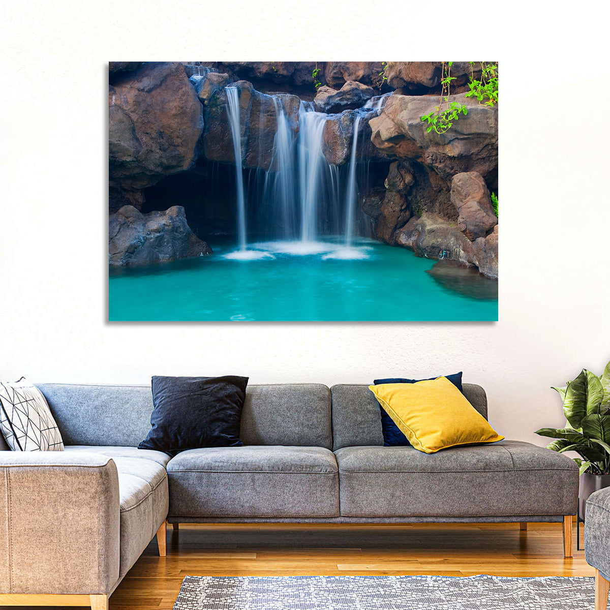 Waterfall Into Turquoise Pool Wall Art in a room, landscape