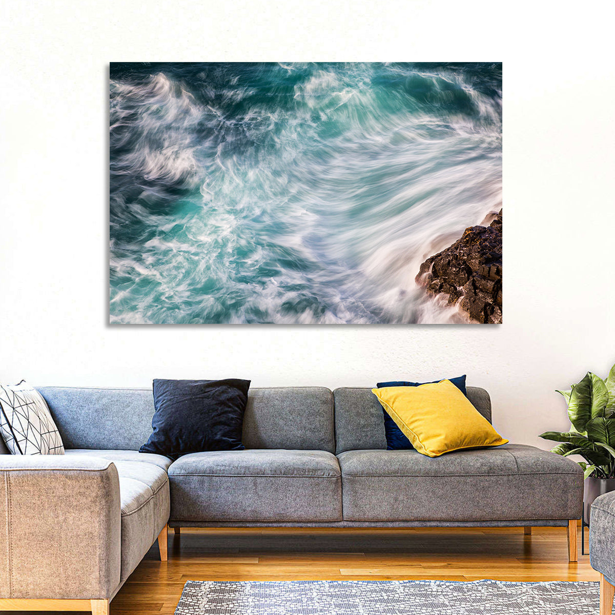 Silky Teal Ocean Waves Wall Art in a room, landscape