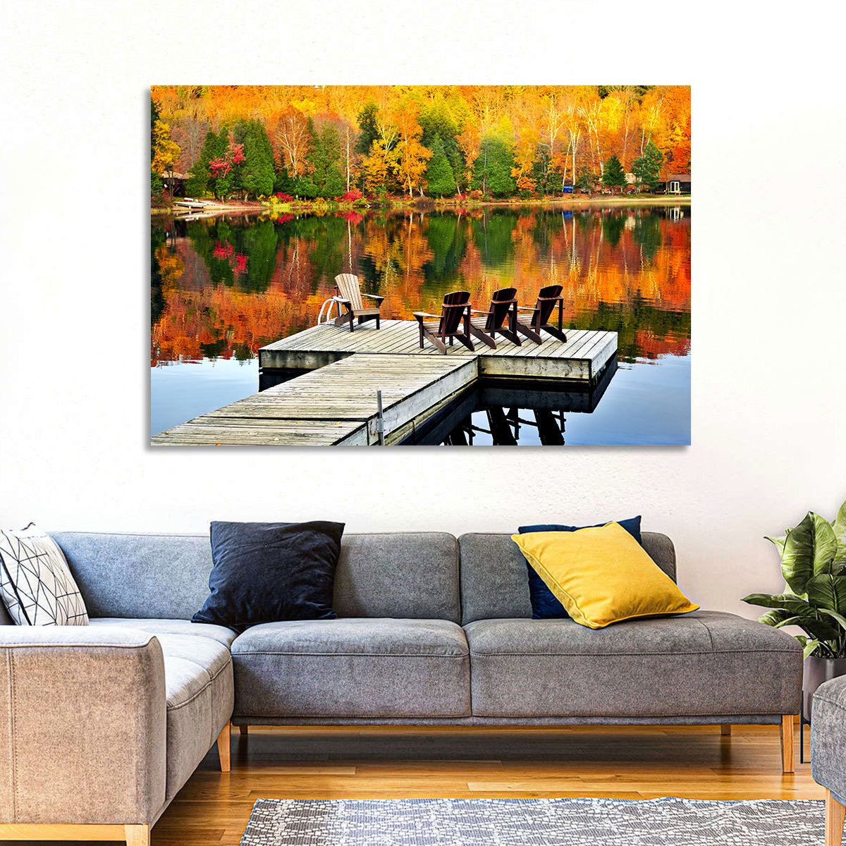 Autumn Lake Dock with Adirondack Chairs Wall Art in a room, landscape
