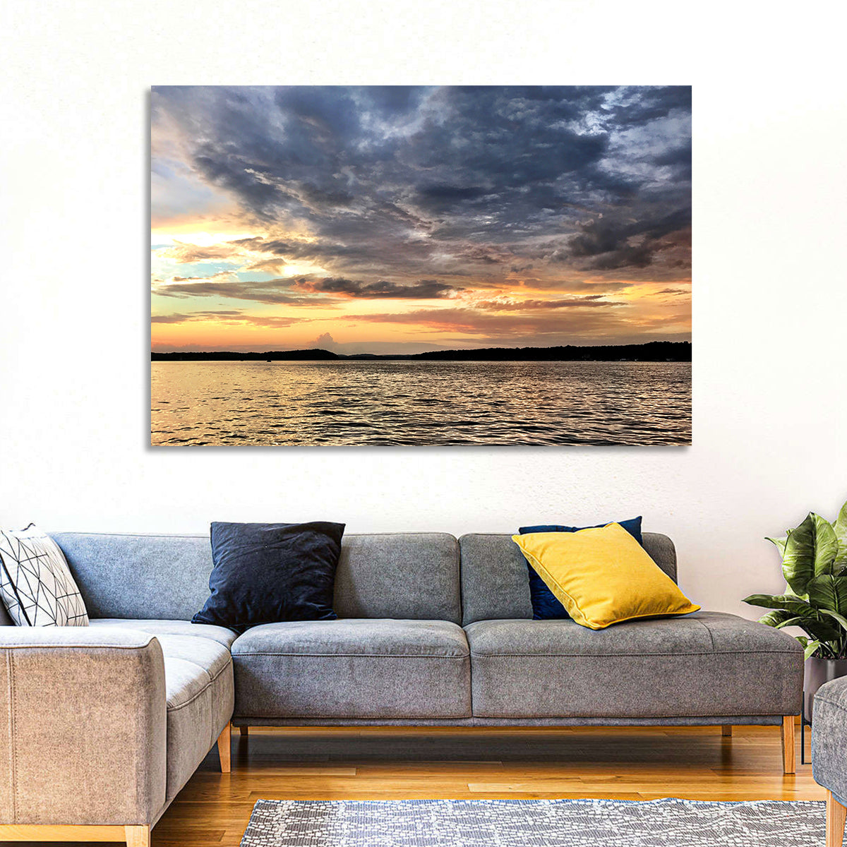 Lake Tillery Sunset Wall Art in a room, landscape