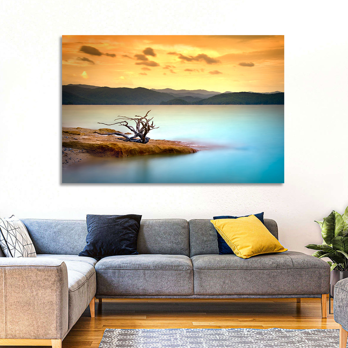 Gnarled Driftwood at Turquoise Lake Wall Art in a room, landscape