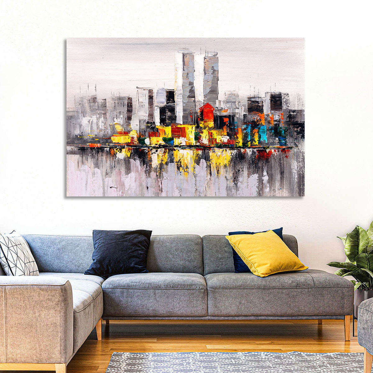 Abstract Skyline with Water Reflection Wall Art in a room, landscape
