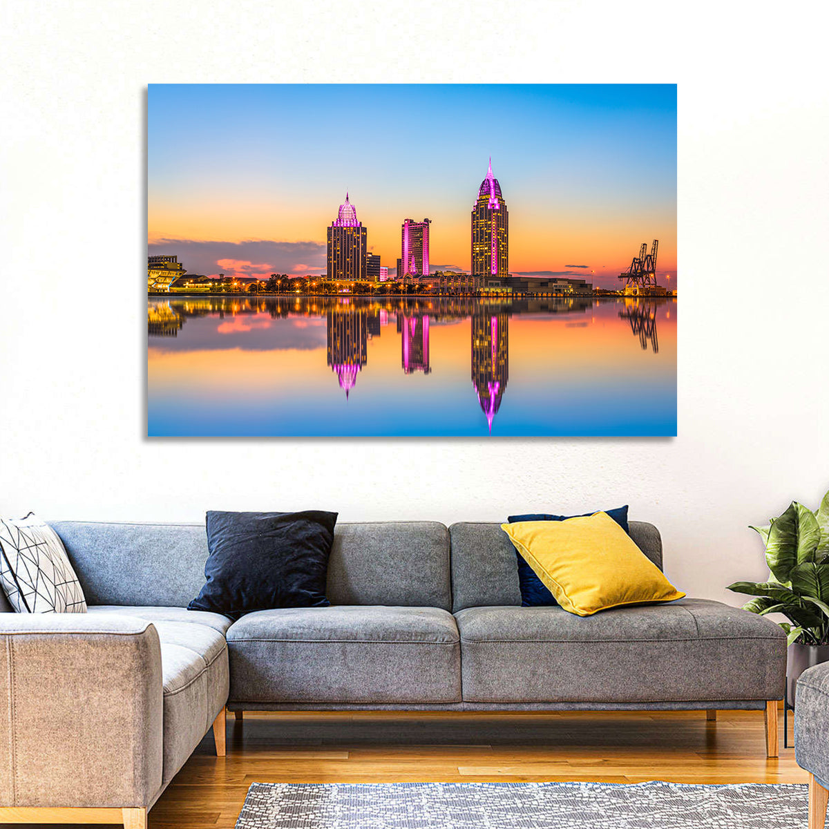 Mobile Alabama Sunset Skyline Wall Art in a room, landscape