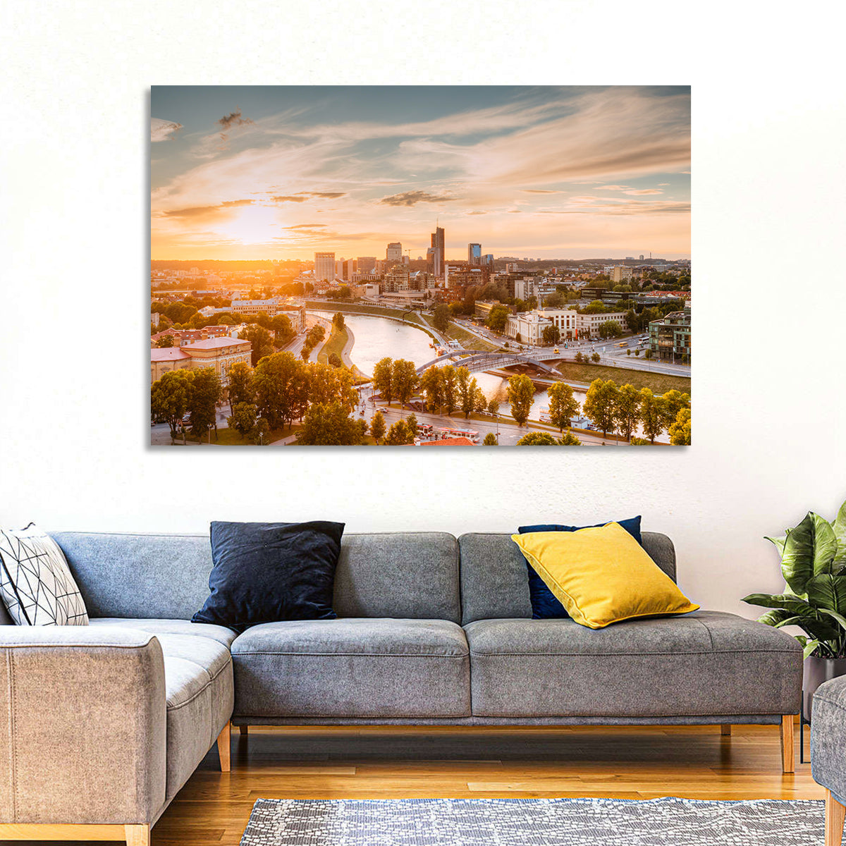 Vilnius Skyline at Golden Hour Wall Art in a room, landscape