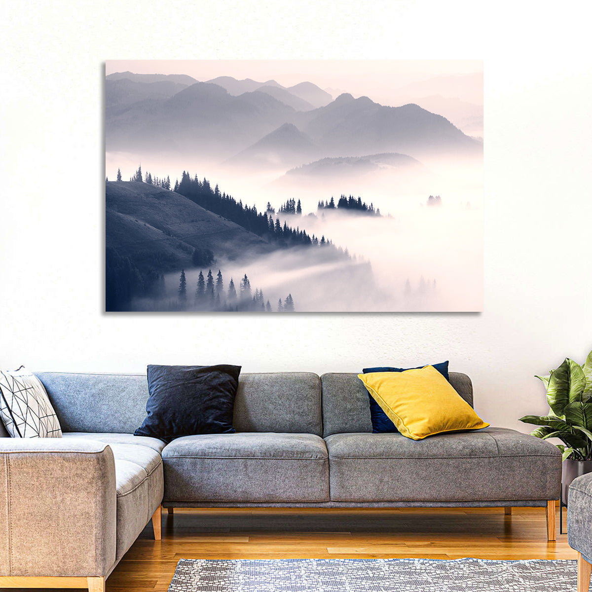 Carpathian Morning Mist Wall Art in a room, landscape