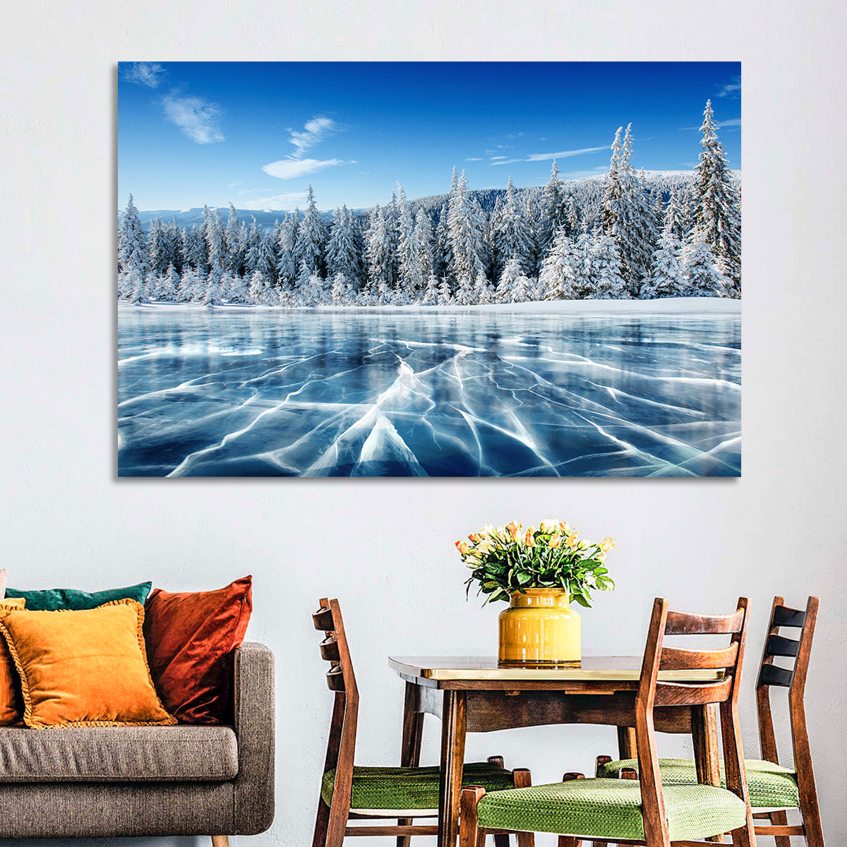 Cracked Ice Lake with Snowy Pines Wall Art in a room, landscape