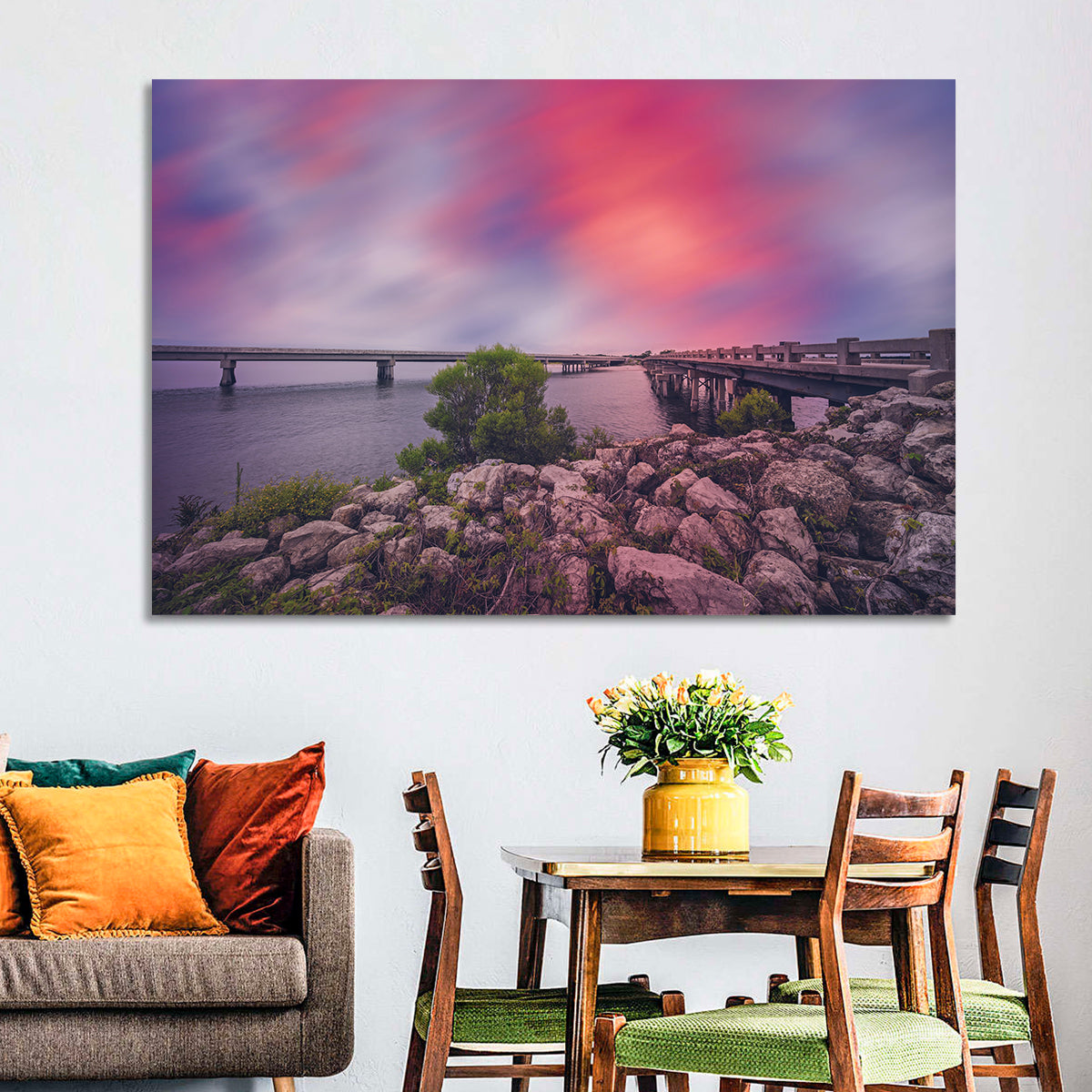 Amelia Island Sunset Bridge Wall Art in a room, landscape